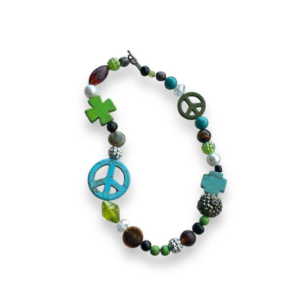 Y2K chunky beaded peace‎ sign hippie boho necklace festival boho hippie - Picture 2 of 5